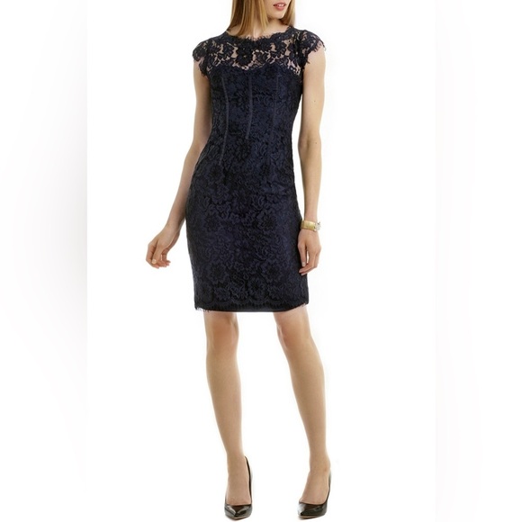ML Monique Lhuillier Gravitate Towards You Sheath Blue Lace Keyhole Back Dress L - Picture 2 of 12